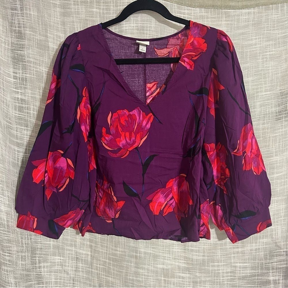 A New Day Floral Puff Sleeve Purple Pink Blouse Office Size L